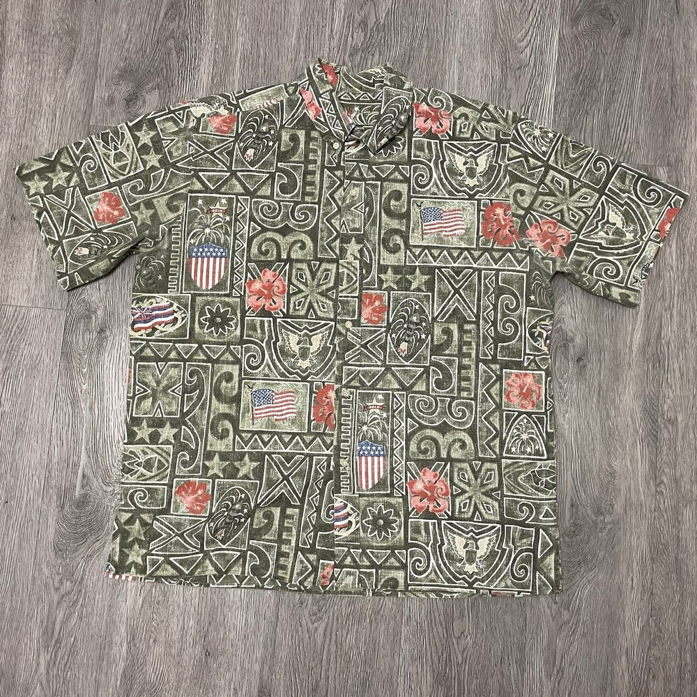 Reyn Spooner Shirt Mens Large Green Hawaiian Aloha USA Flag Stamp Eagle Floral